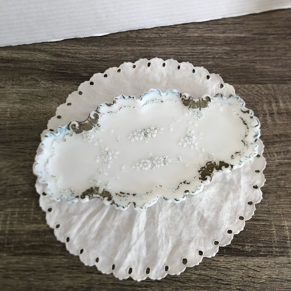 Vtg Victorian Milk Glass Vanity Dish with Floral Pattern